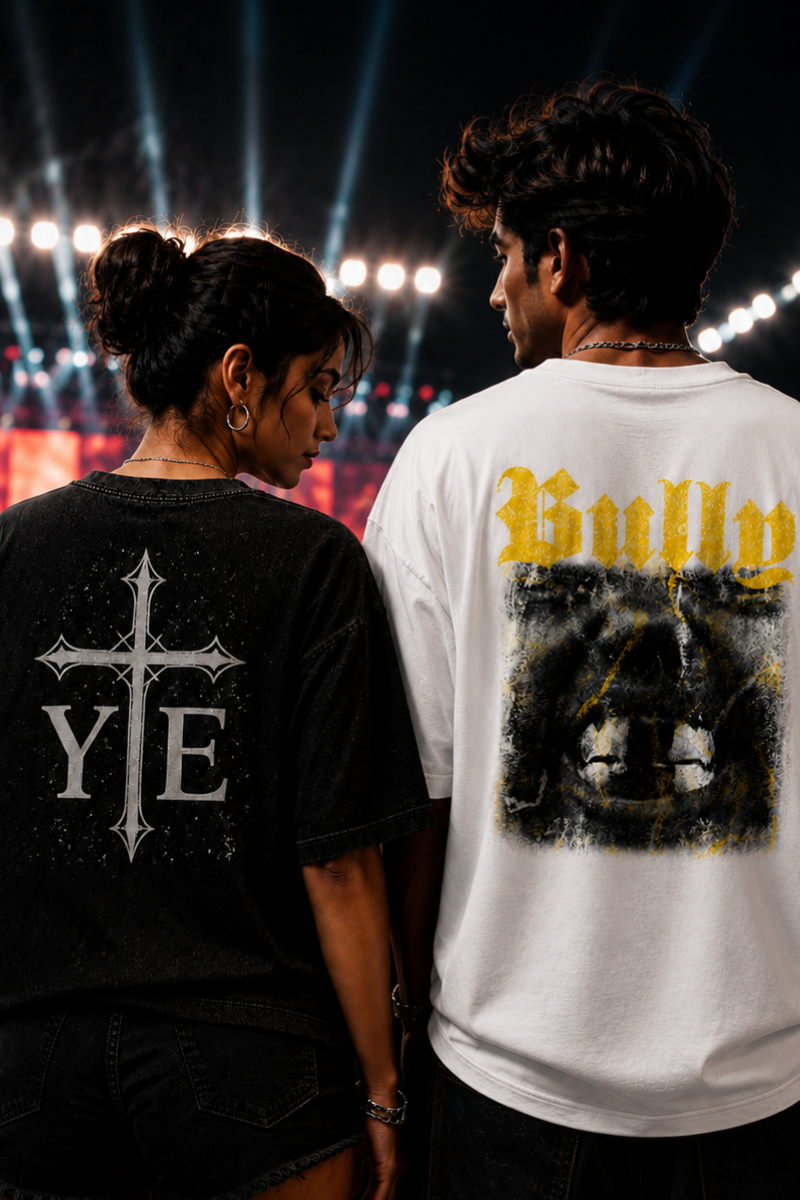 YE Gothic Cross X Bully White Oversized Tee Couple Combo — Performer Exclusive