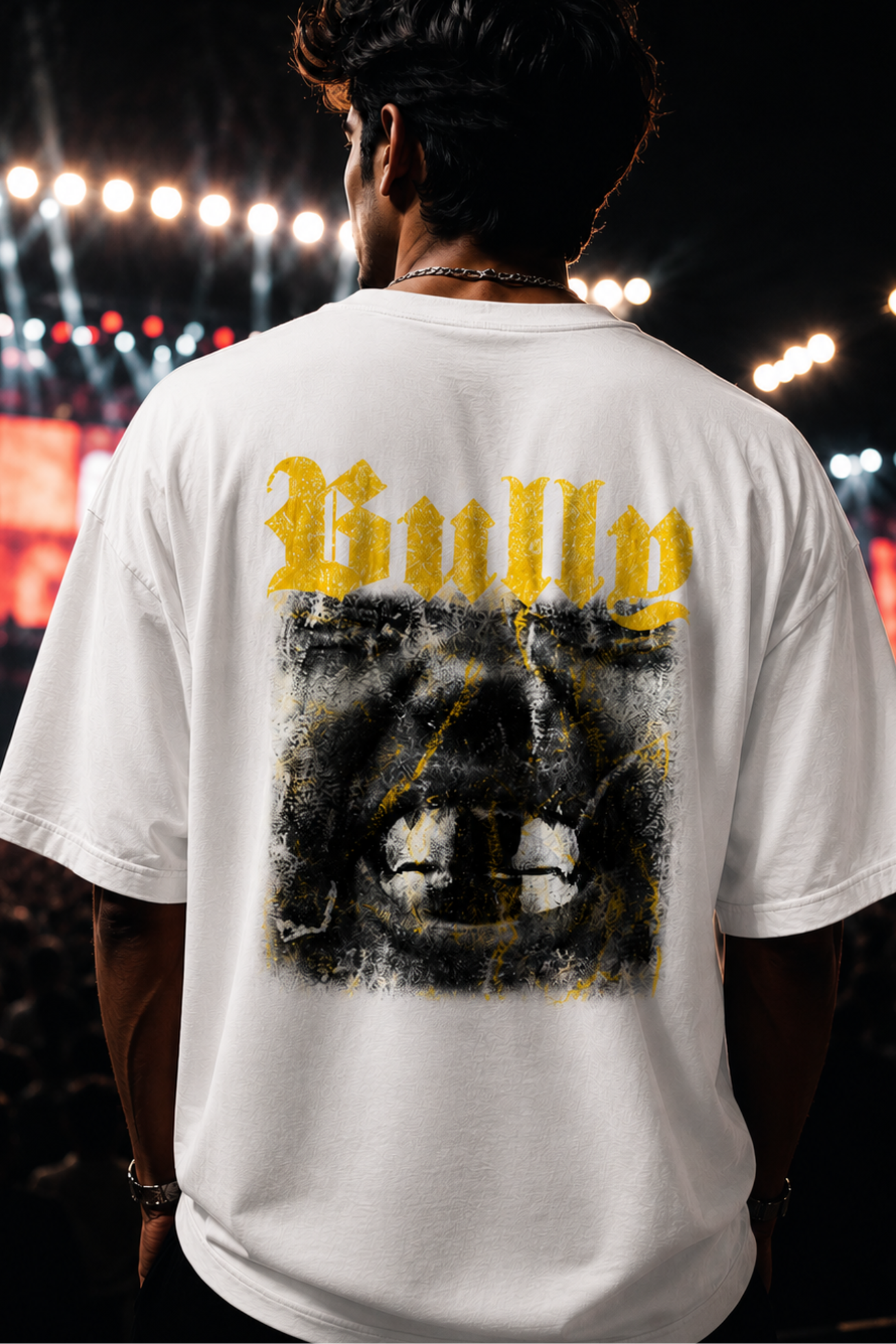 YE Bully White Concert Ready Oversized T-shirt for Men Front View - Atached Streetwear India