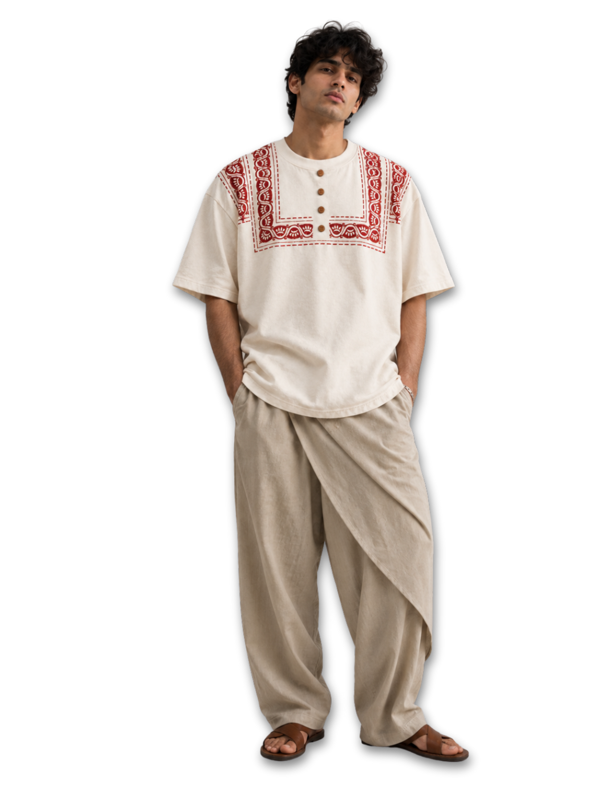 Karigari Oversized Tee for Men styled with beige traditional trousers, highlighting the festive Indian-inspired artwork and oversized silhouette.