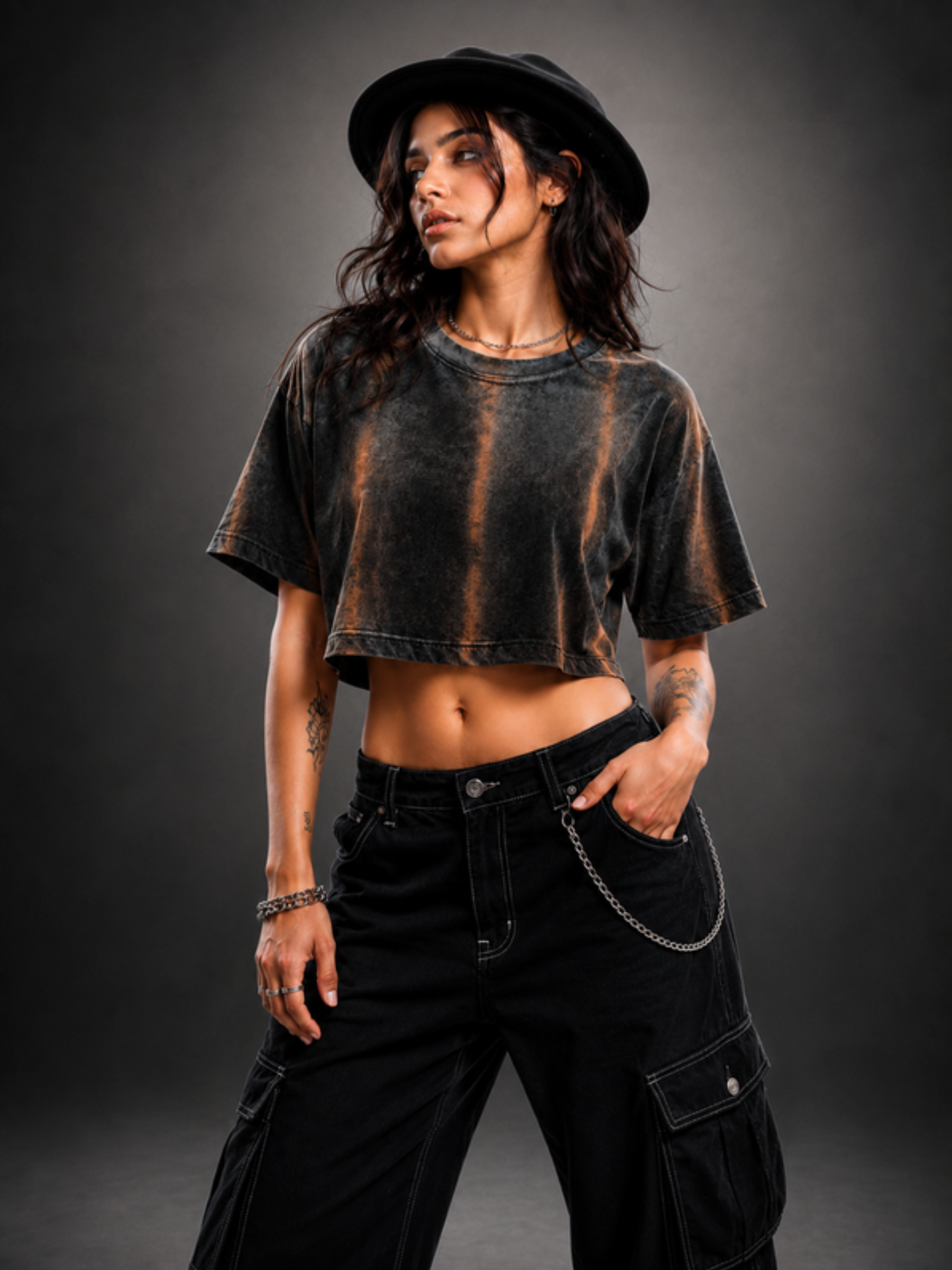 Atached rust streaked black oversized crop top — women's acid-wash drop-shoulder streetwear crop top