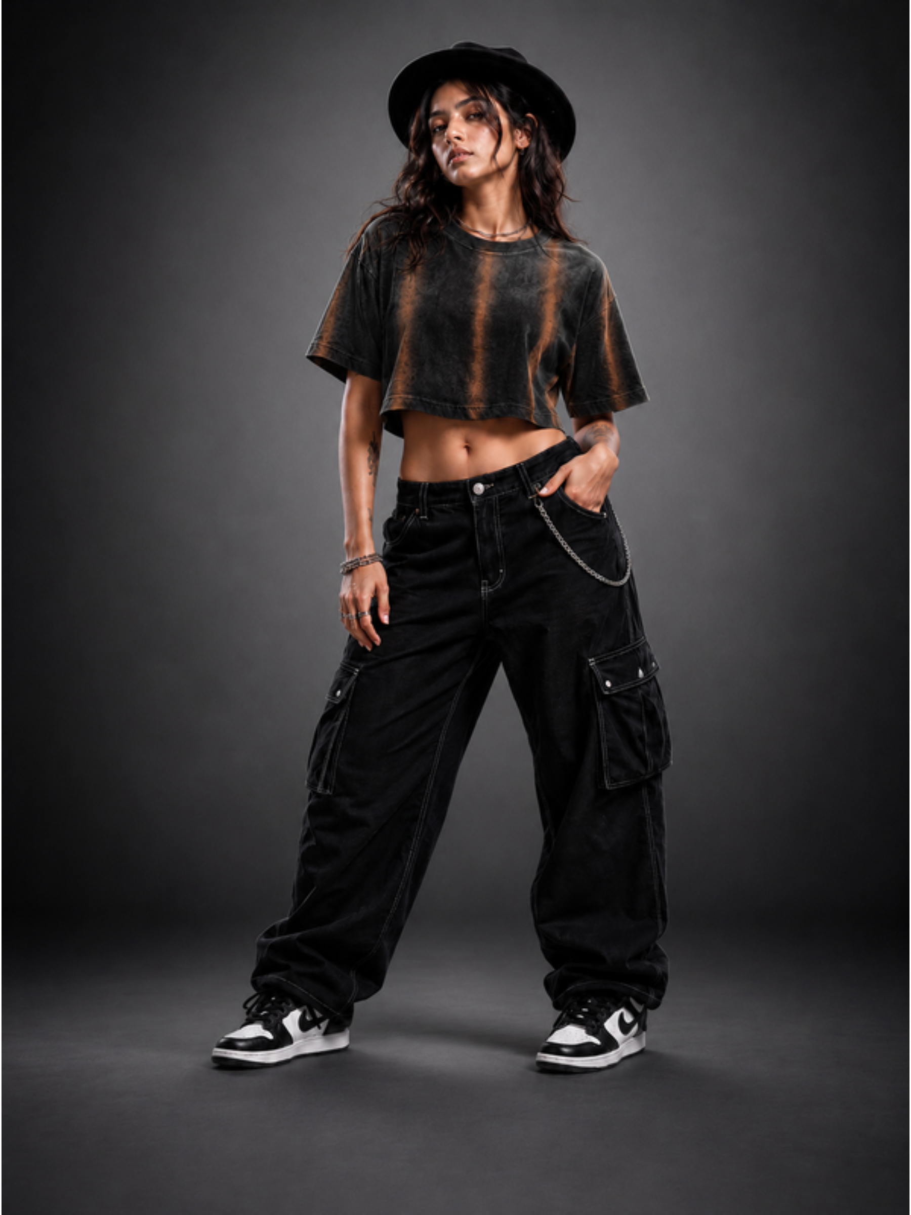 Rust streaked oversized crop top for women in black — Atached distressed streetwear crop top, front view