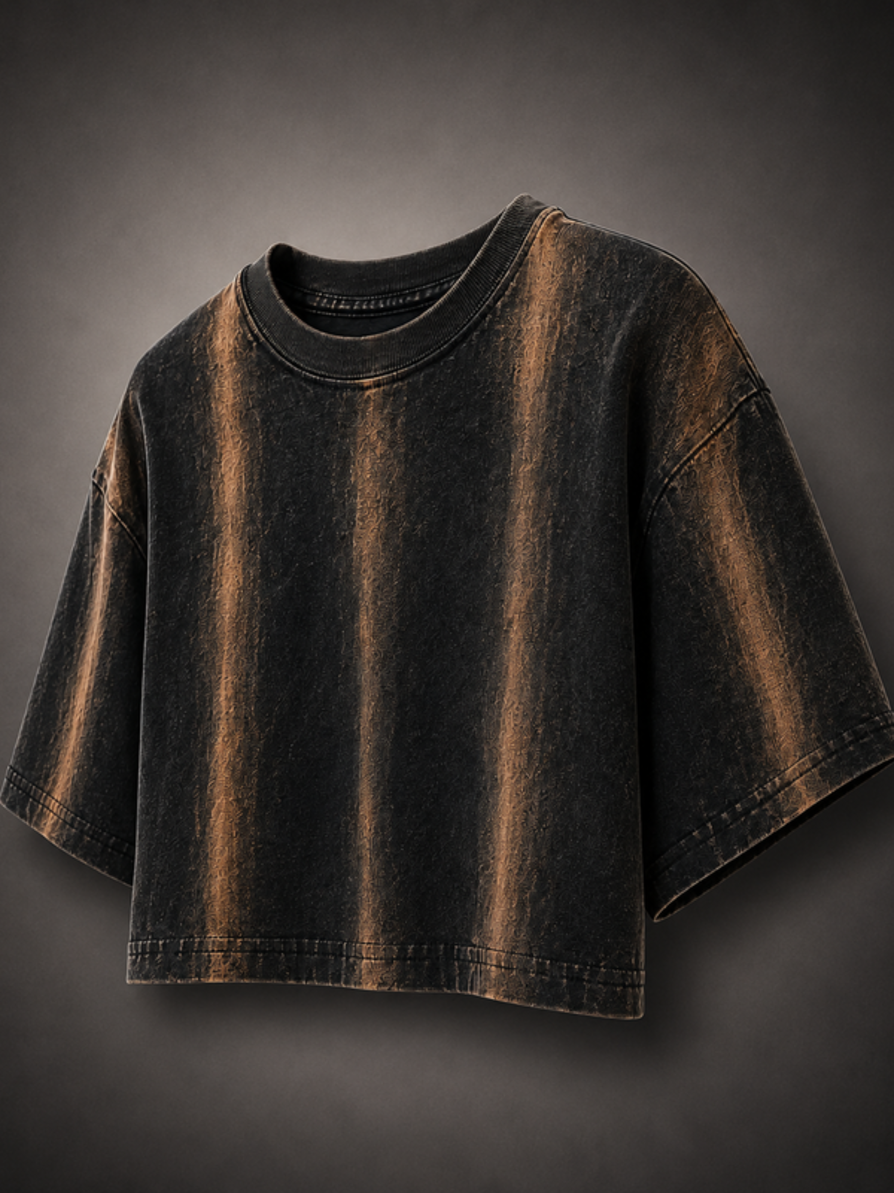 Women's black oversized crop top with rust streak wash — Atached distressed streetwear styling
