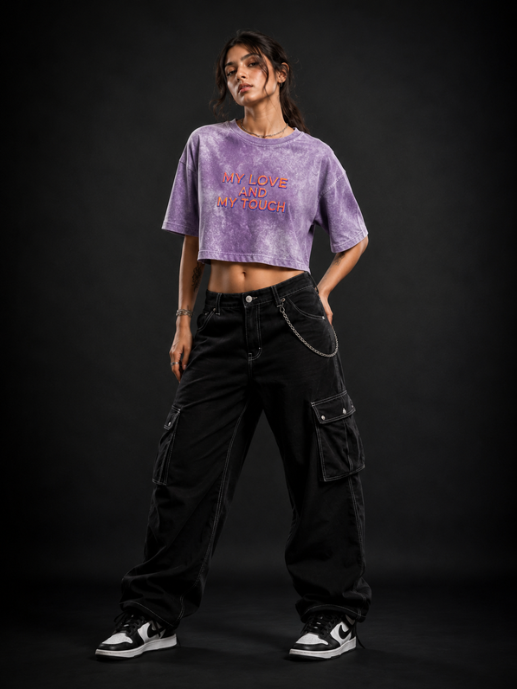 Violet MLMT oversized crop top for women — Atached lavender streetwear crop top, front view