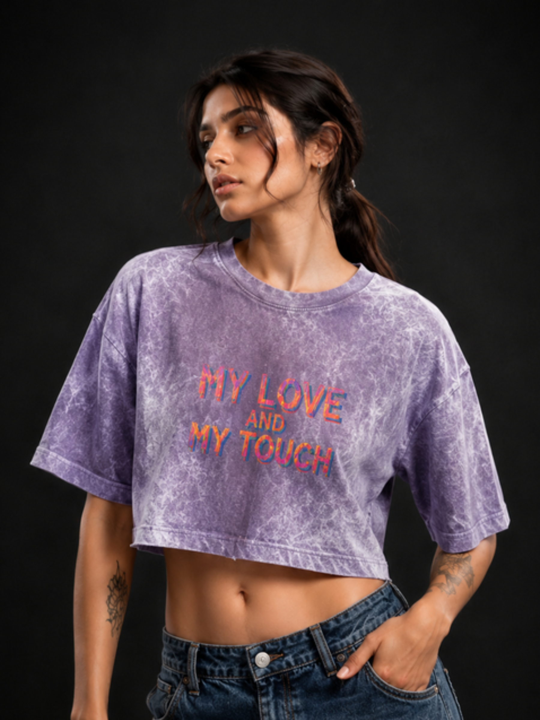 Atached MLMT oversized crop top in violet — women's lavender drop-shoulder streetwear crop top