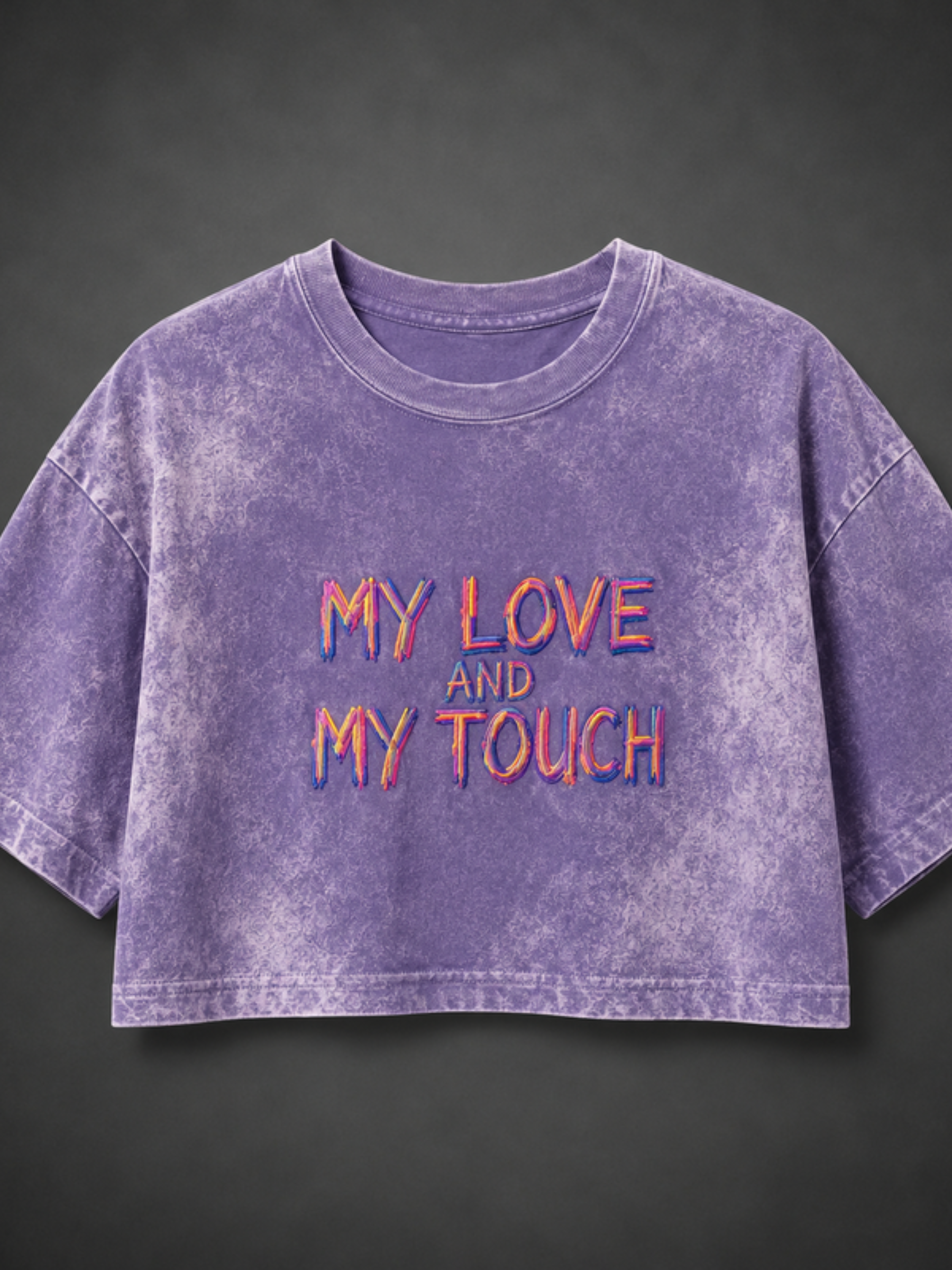 Lavender MLMT oversized crop top by Atached — women's violet house-music inspired crop tee