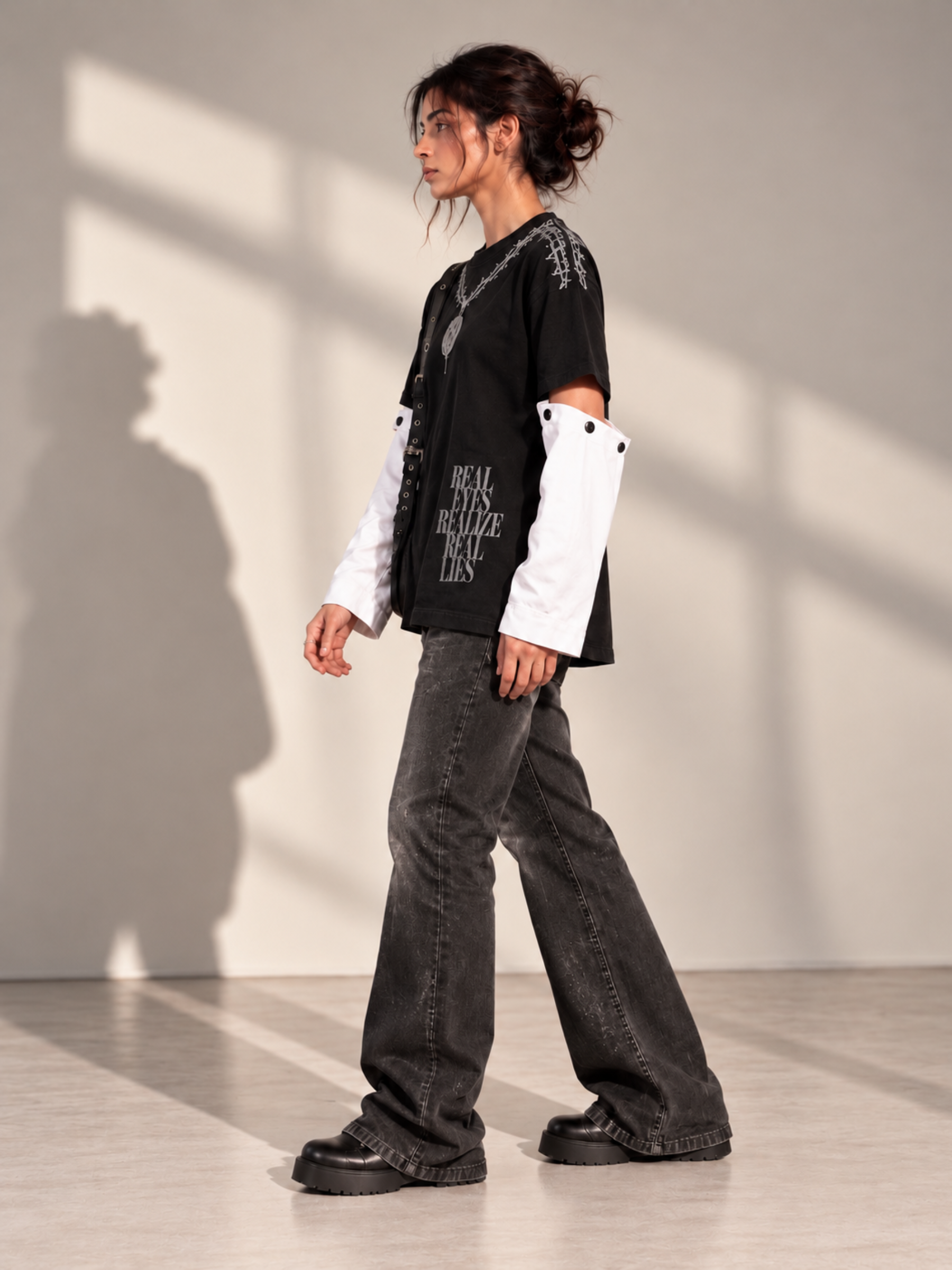 Concert Oversized Tee Detachable Sleeves Black-Women