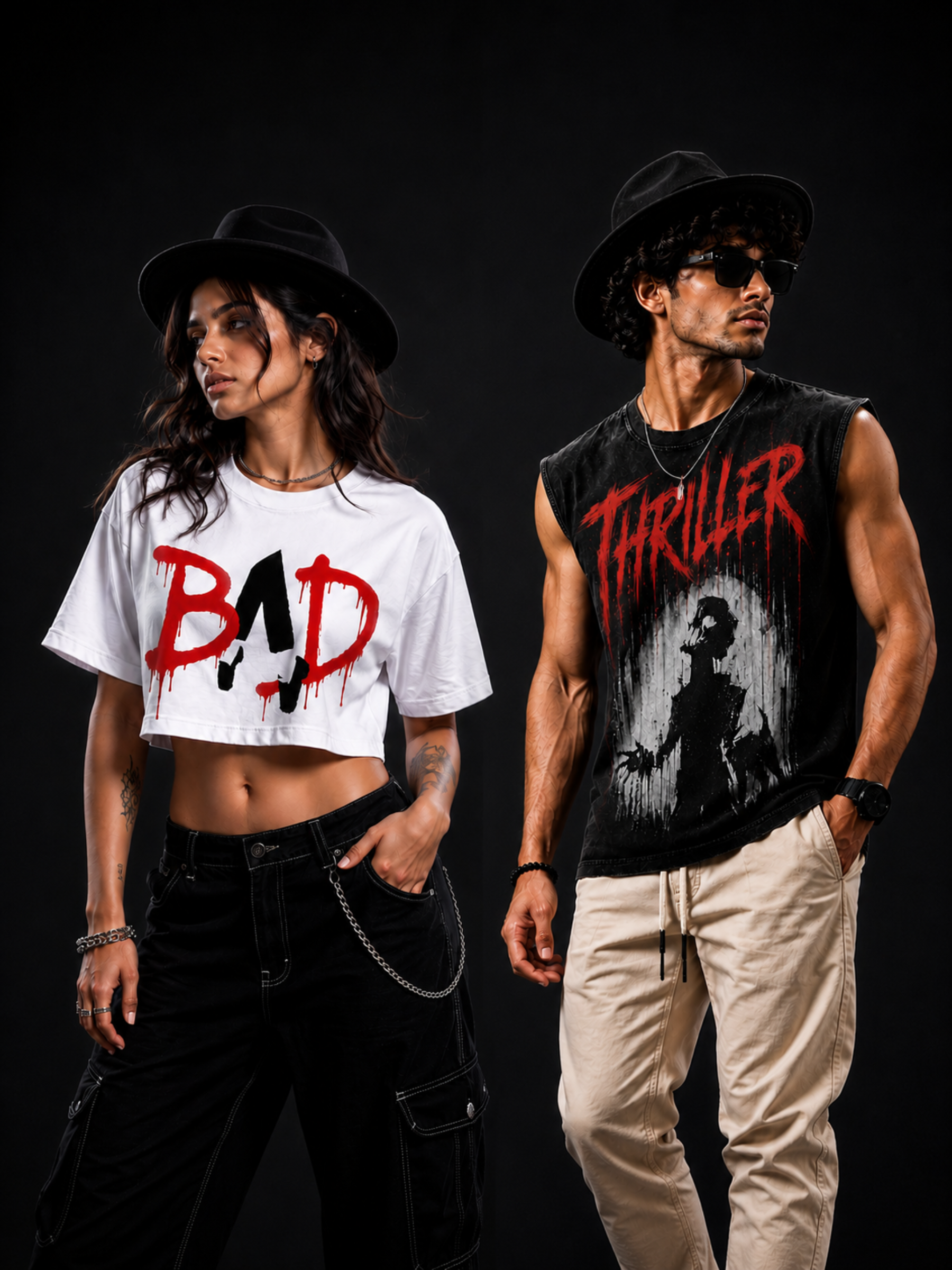 MJ Thriller Elite Vest + MJ BAD Crop Top (White) — Couple Combo