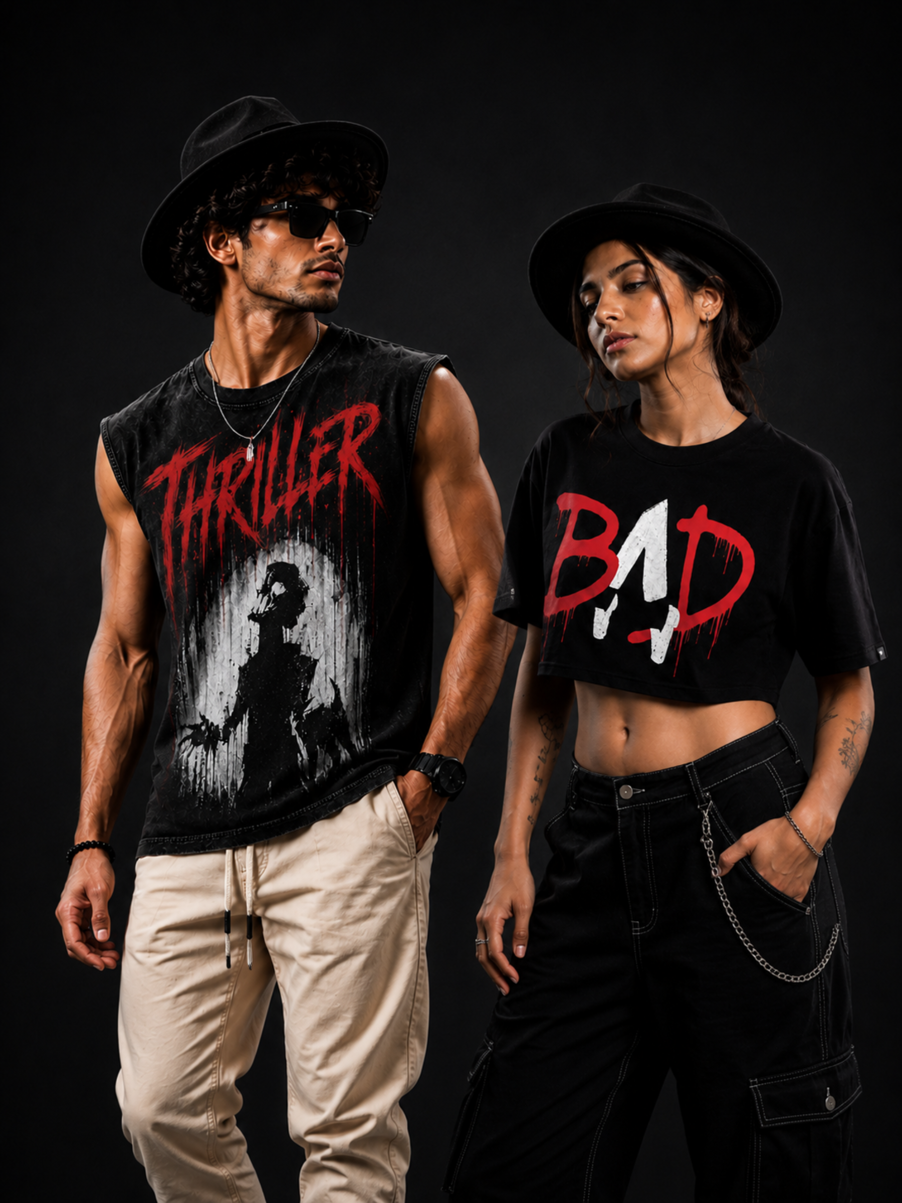 MJ Thriller Elite Vest + MJ BAD Crop Top (Black) - Couple Combo