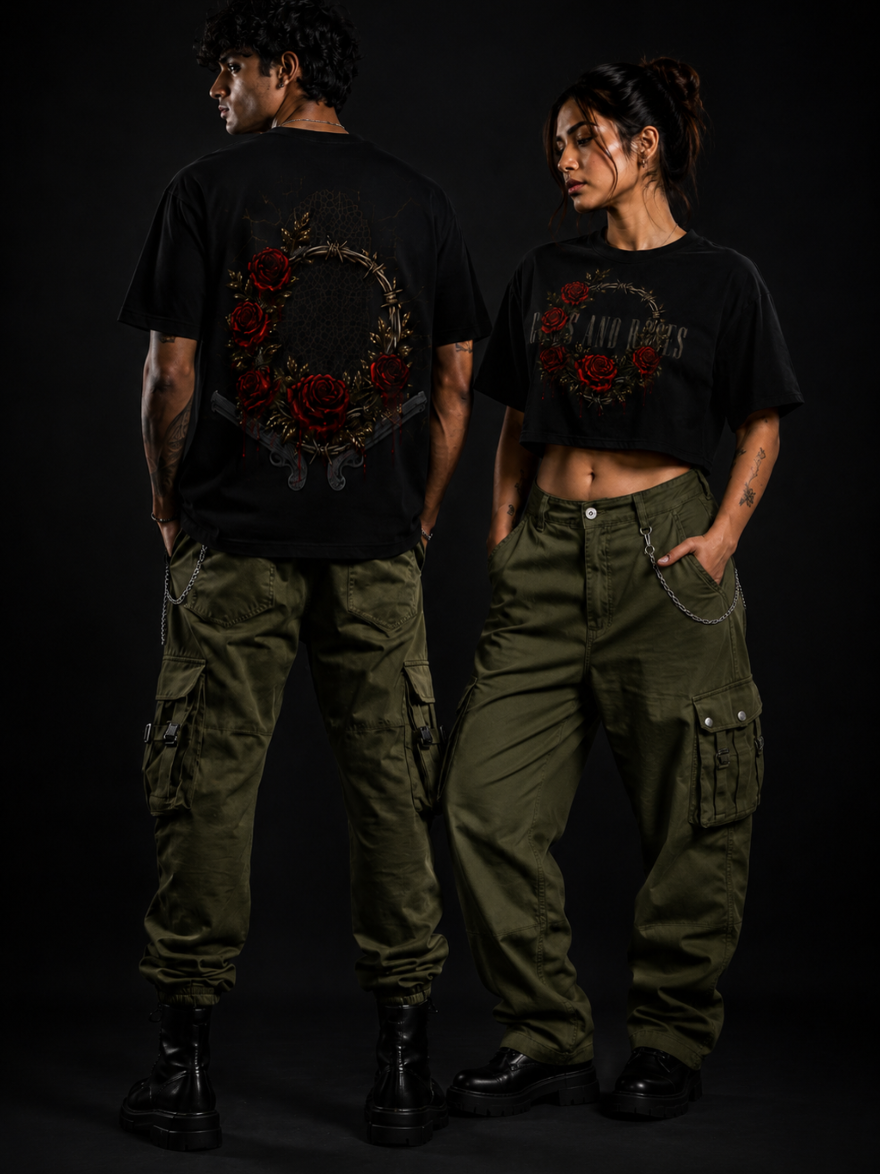 GNR Vintage Rock Tee + GNR Vintage Rock Crop Top (Black) - Couple Combo