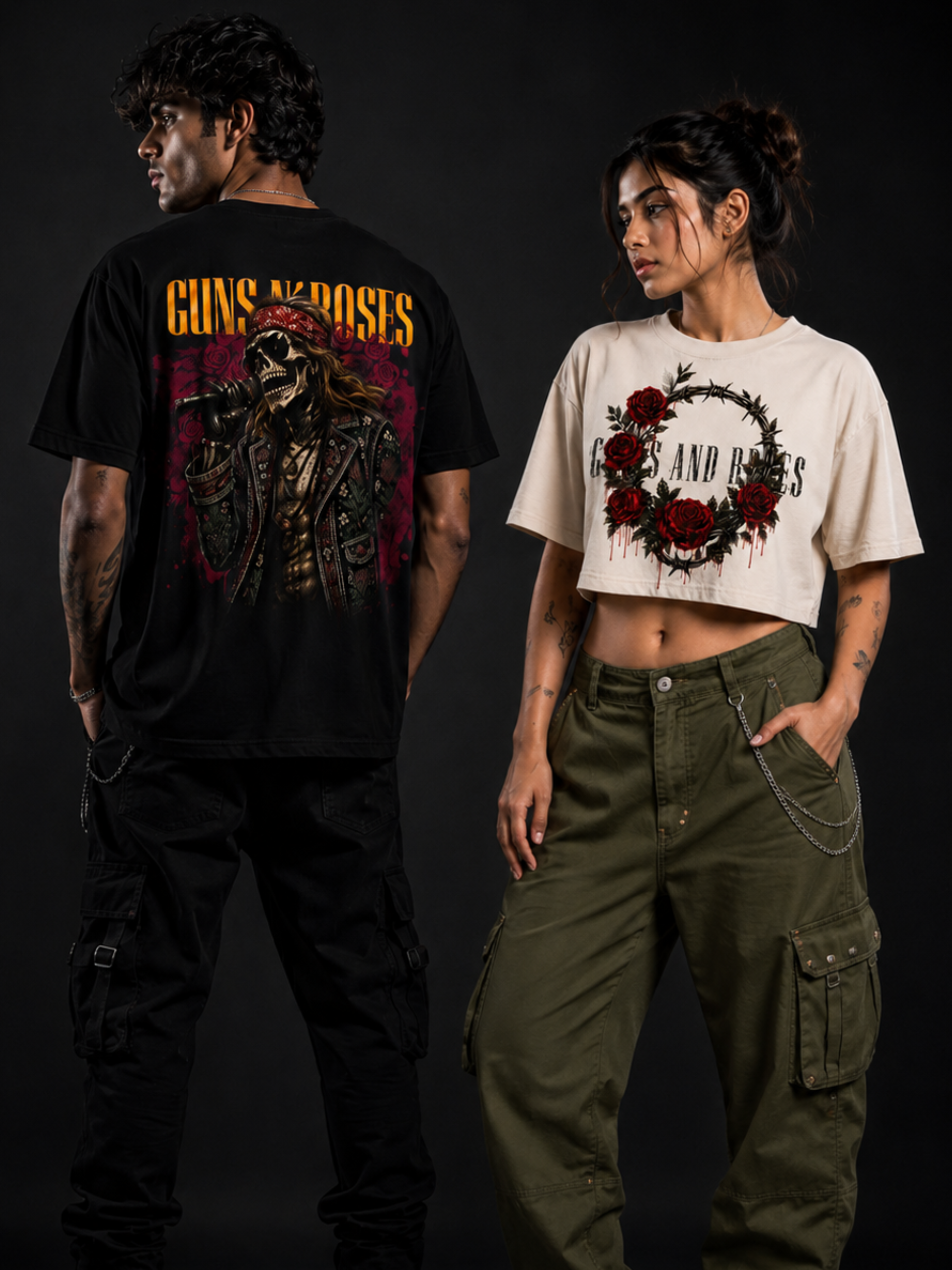 GNR Heavy Metal Tee + GNR Vintage Rock Crop Top (White) - Couple Combo