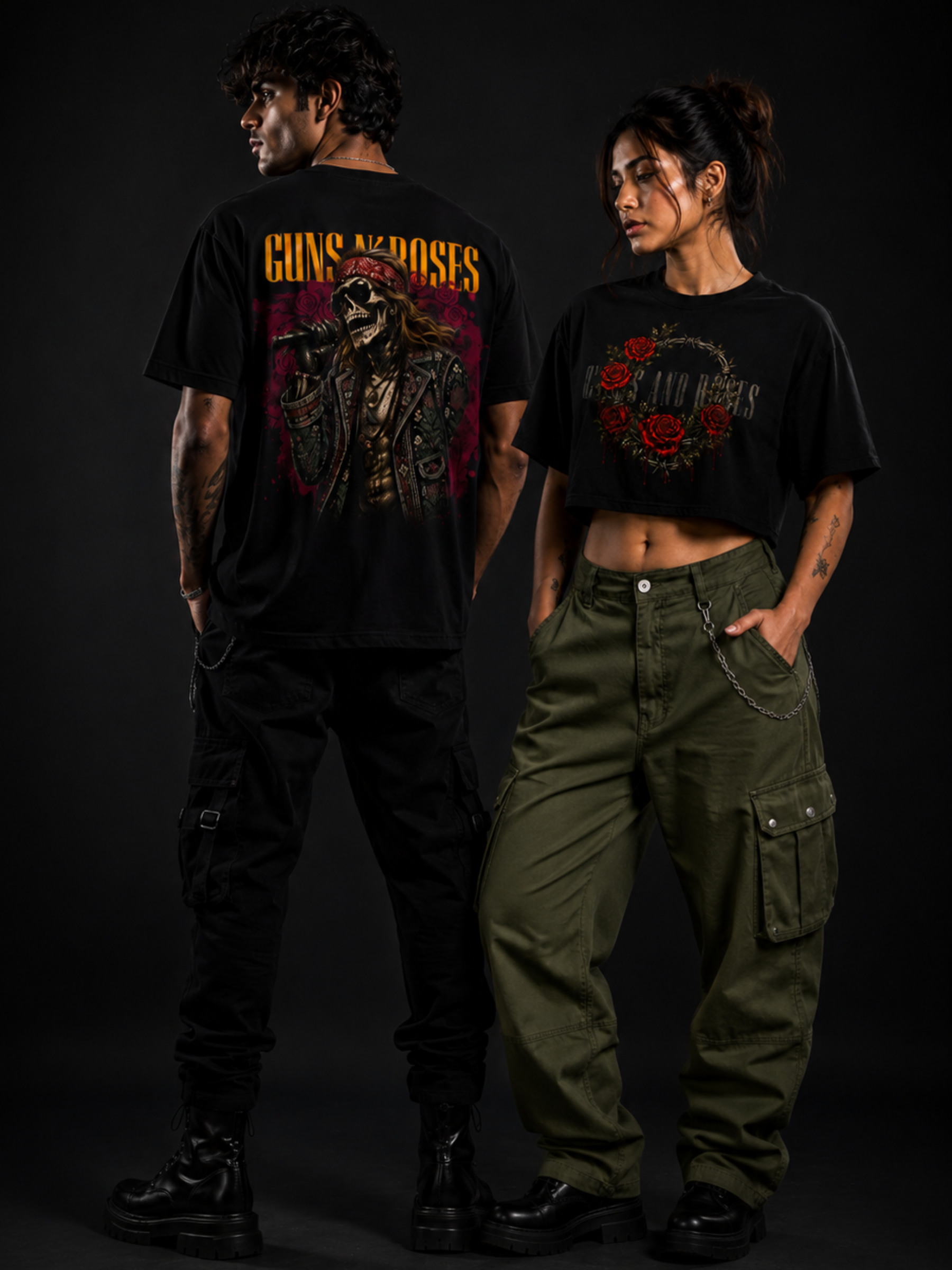 GNR Heavy Metal Tee + GNR Vintage Rock Crop Top (Black) - Couple Combo